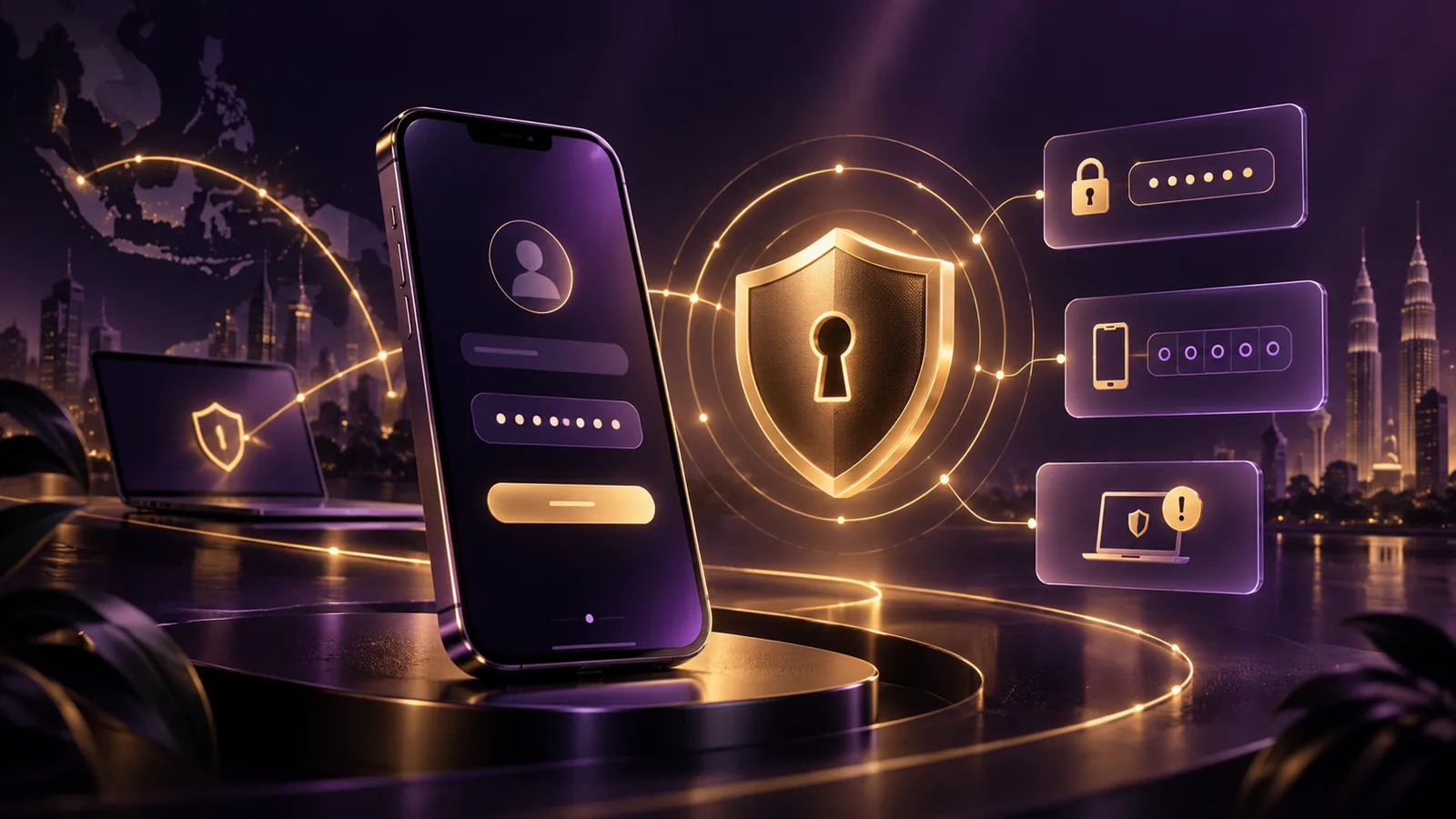 Purple and gold security shield beside a mobile login alert and masked OTP for the Boda8 account security guide