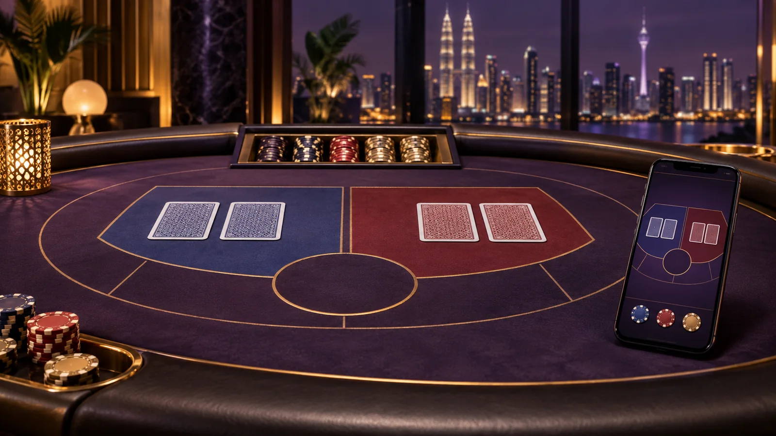 Purple and gold baccarat table with a mobile screen for the Boda8 baccarat guide