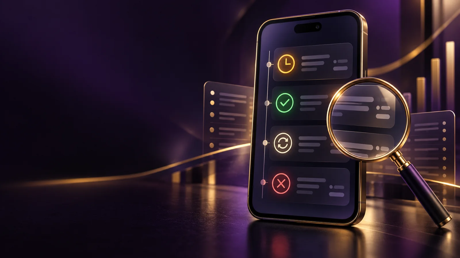Purple and gold mobile account timeline showing pending, settled, void and cancelled status cards for the Boda8 bet history guide