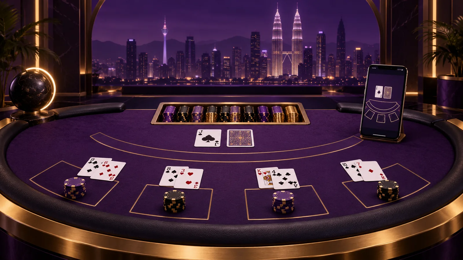 Purple and gold blackjack table with cards and a mobile interface for the Boda8 blackjack guide