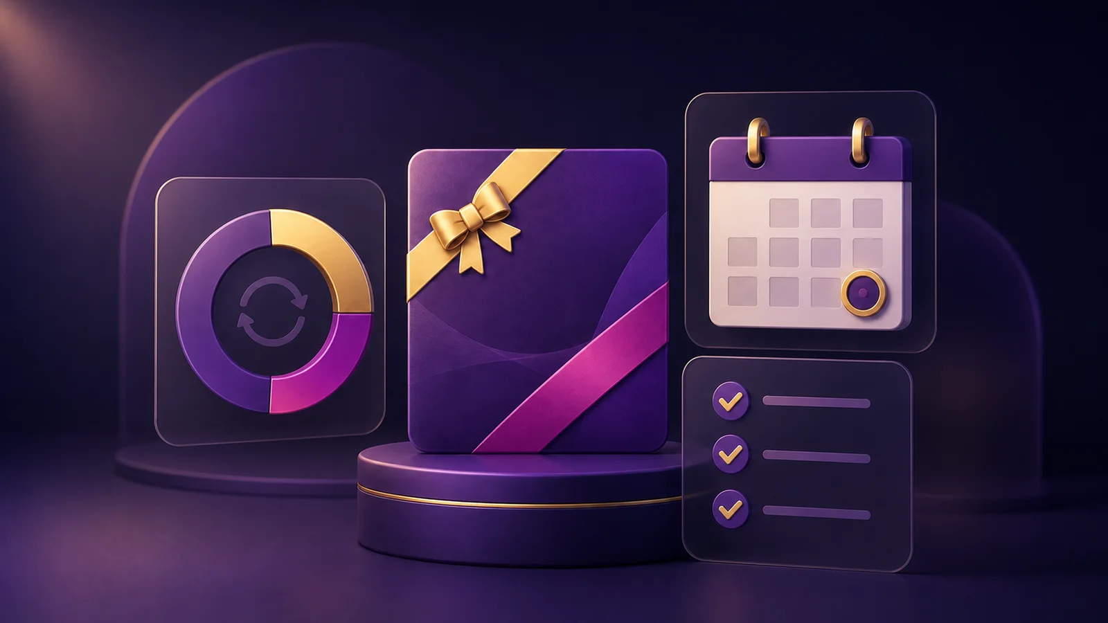 Purple and gold illustration of a reward card, turnover progress, expiry calendar and eligibility checklist