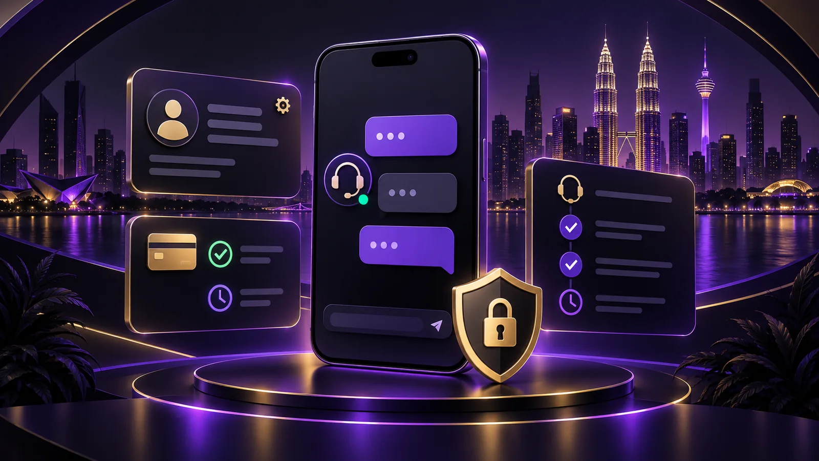 Purple and gold customer support illustration with secure live chat, account and payment status panels against a Kuala Lumpur skyline