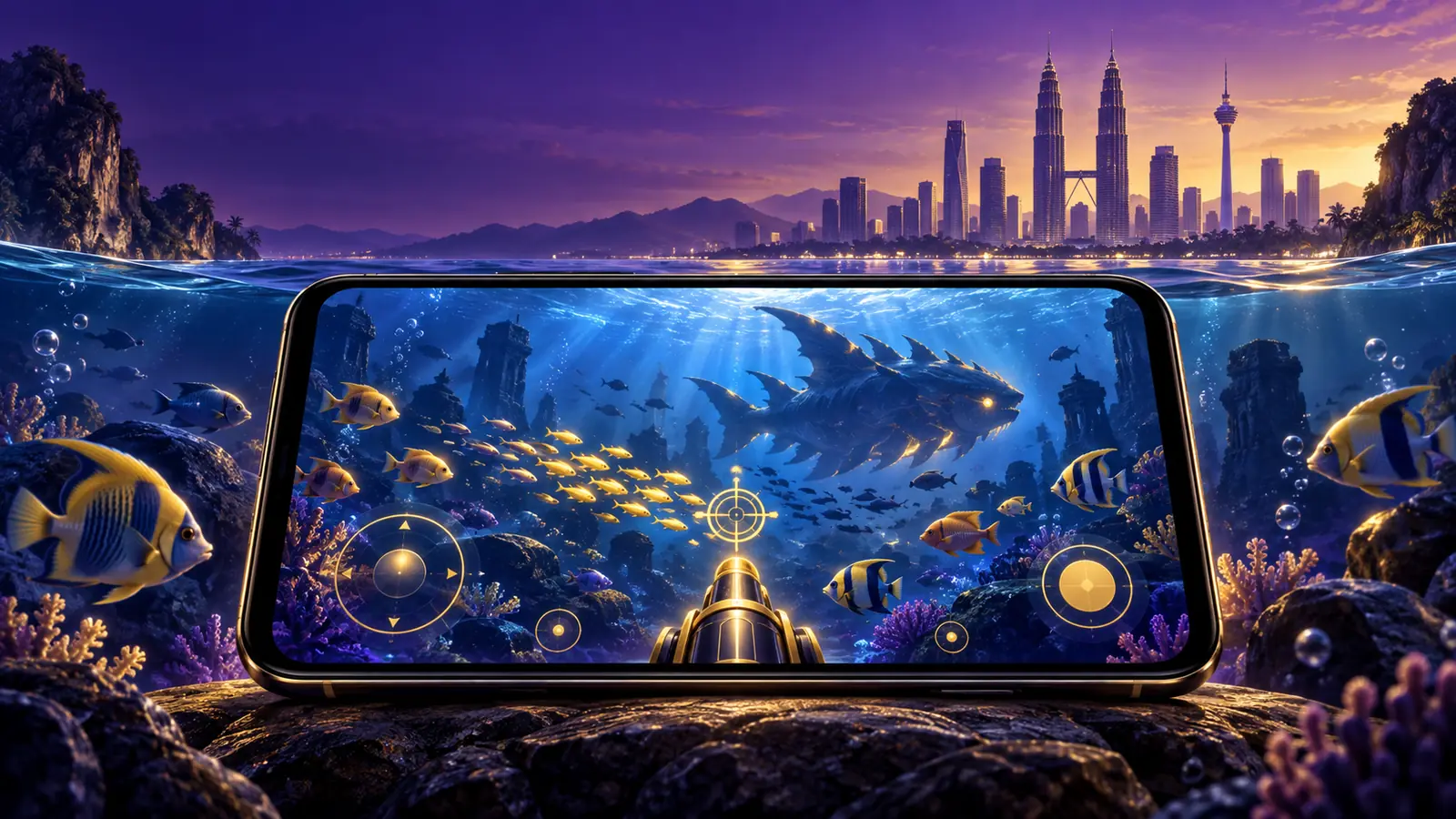 Purple and gold Boda8 fishing games illustration showing underwater arcade targets on a mobile screen