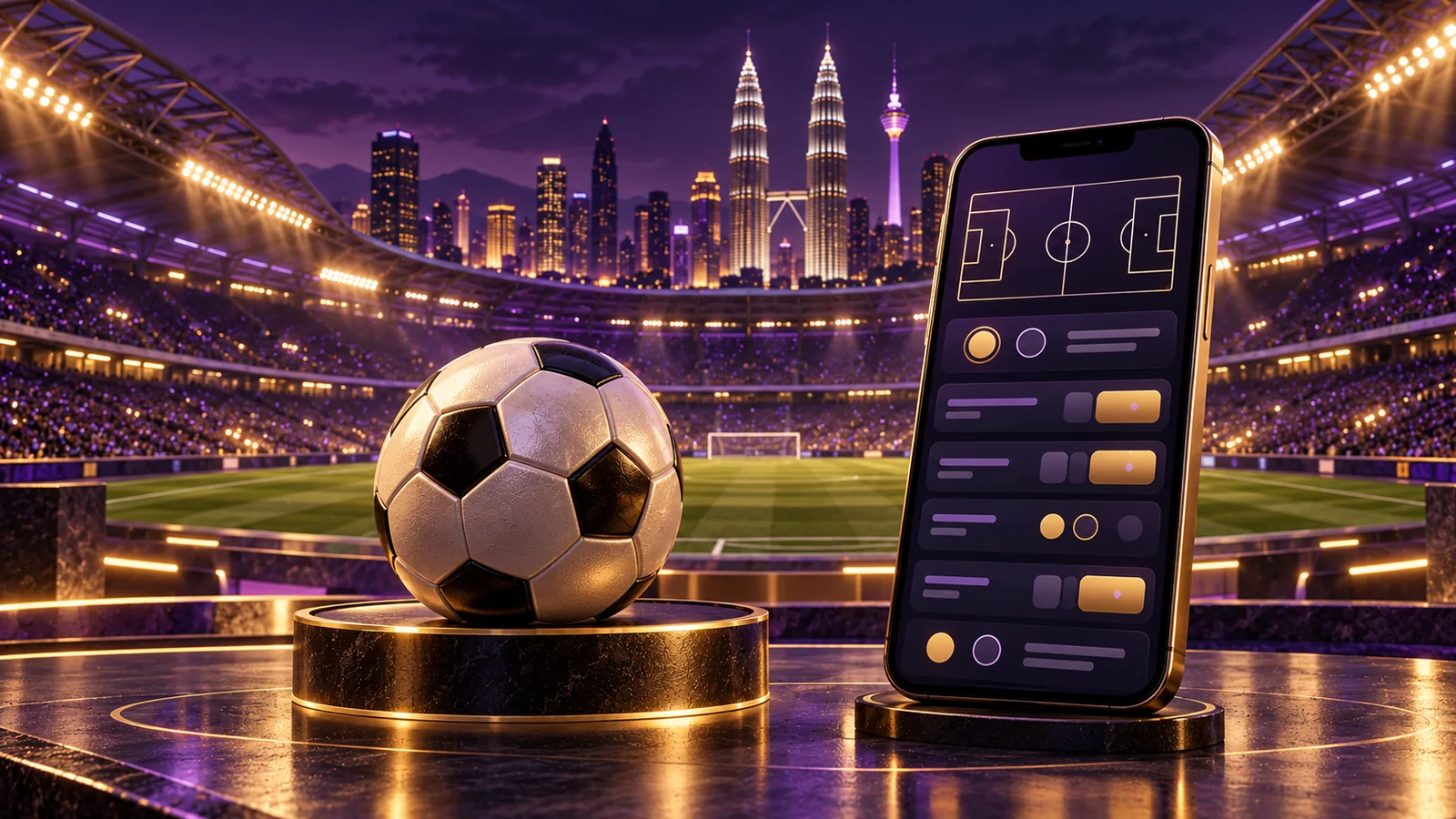 Purple and gold football stadium with a football and generic mobile market interface for the Boda8 football guide