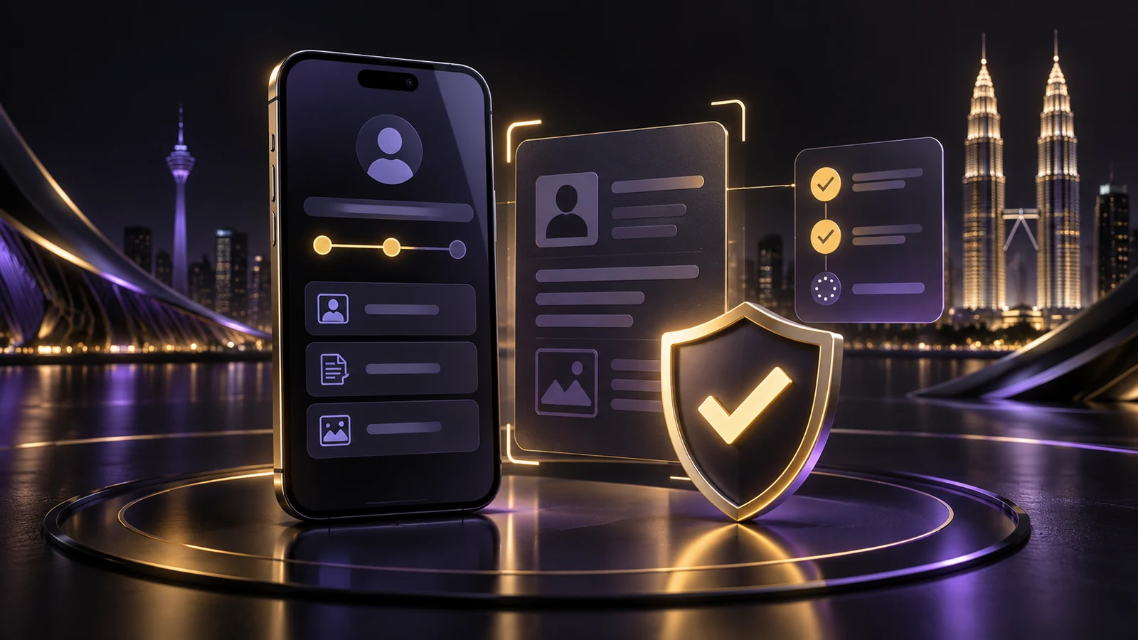 Purple and gold Boda8 KYC illustration with a secure phone, abstract identity card, verification checklist and shield