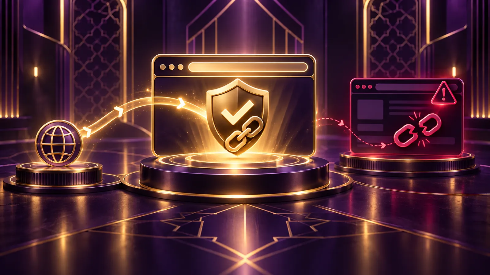 Purple and gold link verification scene with a checked shield, secure browser frame and broken-link warning