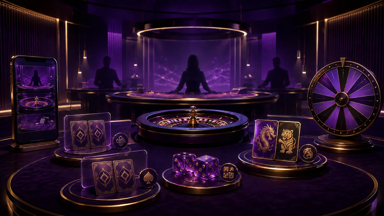 Purple and gold Boda8 live casino illustration showing dealer tables, roulette, cards, dice and mobile access