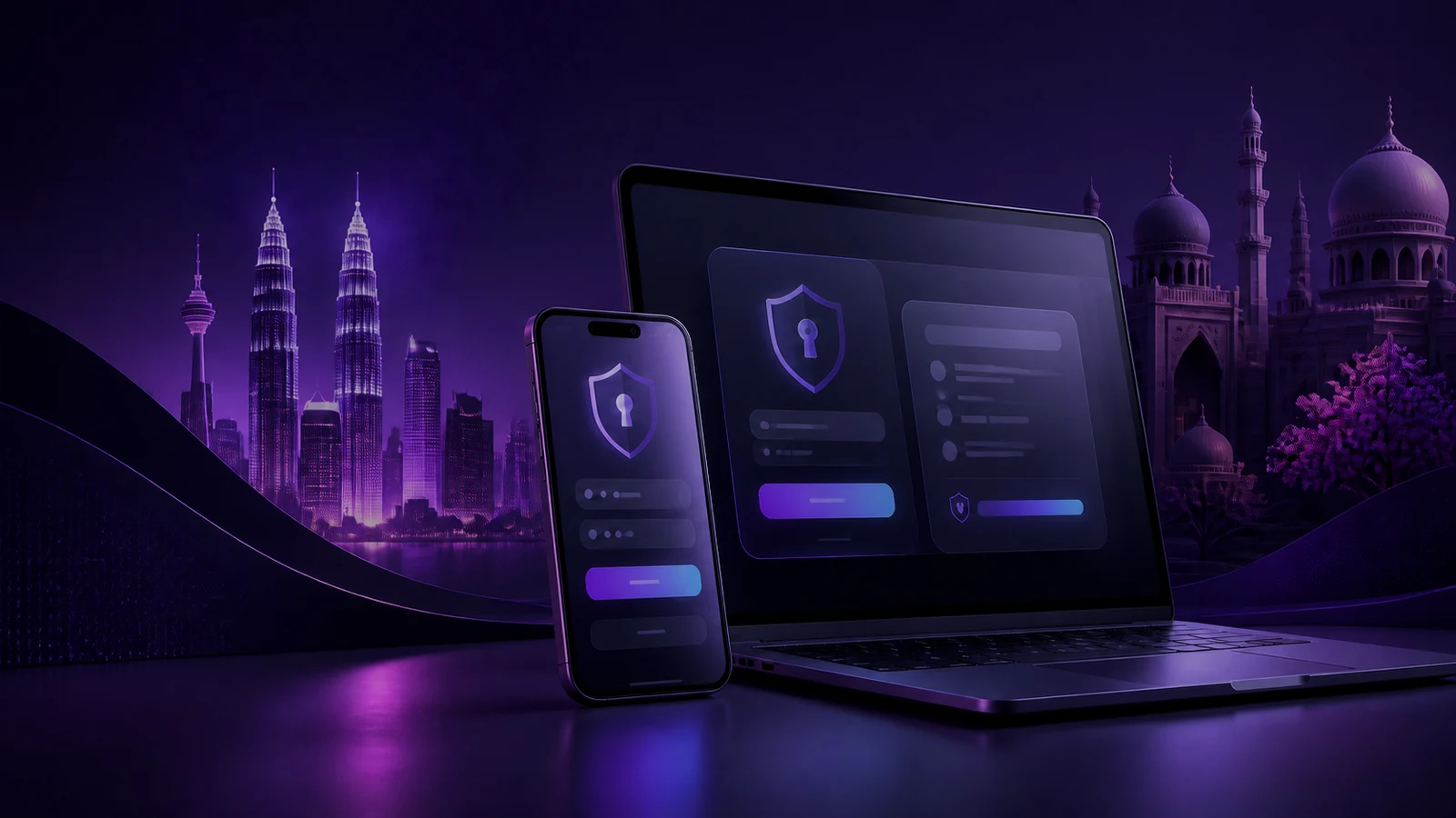 Purple Malaysia account access illustration with a phone and laptop