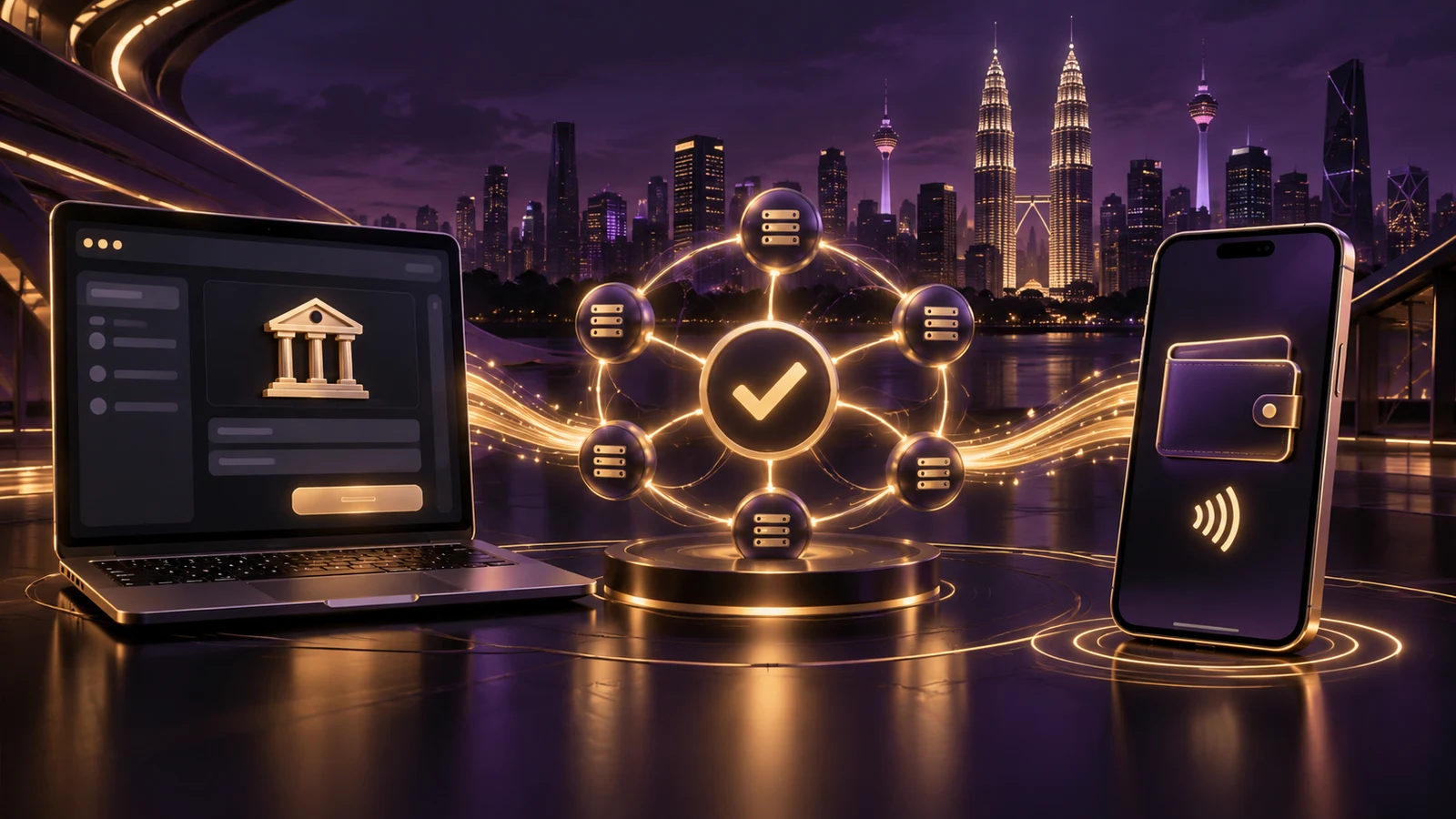 Purple and gold payment comparison showing online banking, a payment network and a mobile e-wallet for the Boda8 payment methods guide
