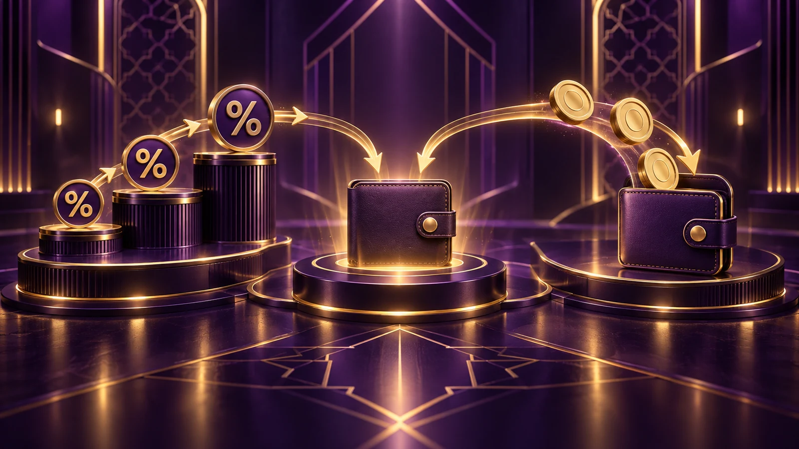Purple and gold Boda8 rebate versus cashback illustration with percentage returns and digital wallets