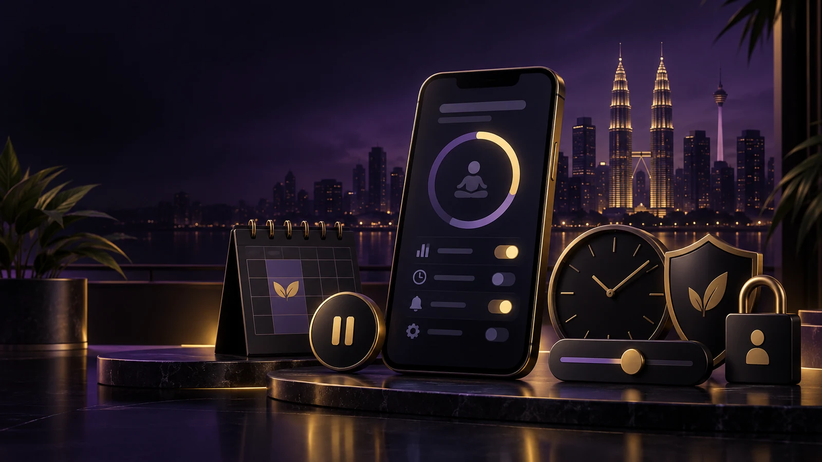 Purple and gold responsible gaming illustration with a phone limit dashboard, calendar break, pause control, clock, shield and Kuala Lumpur skyline