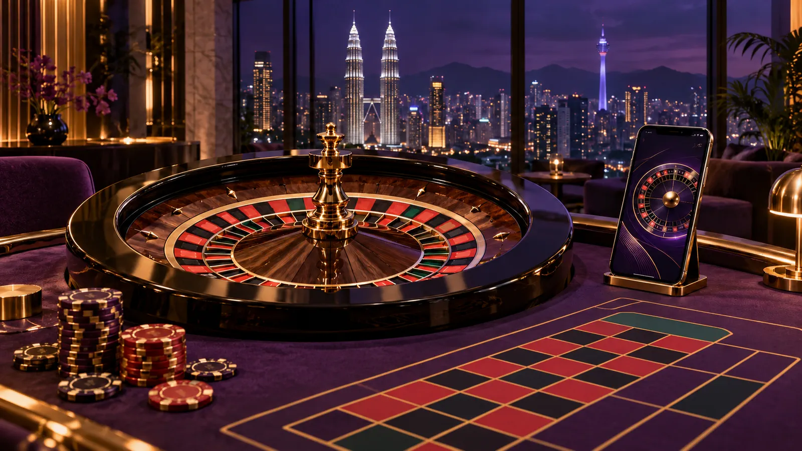 Purple and gold roulette wheel and mobile table interface for the Boda8 roulette guide