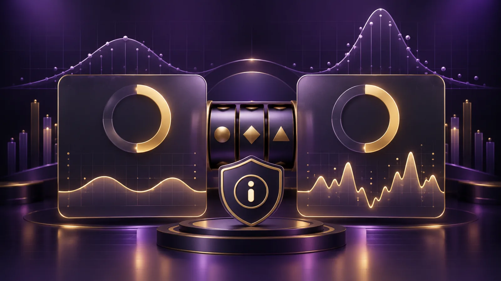 Purple and gold probability dashboard comparing RTP percentages with low and high volatility curves for the Boda8 guide