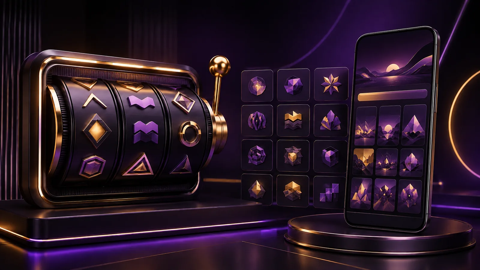 Purple and gold Bodabet slots illustration showing abstract reels, provider choices and mobile play