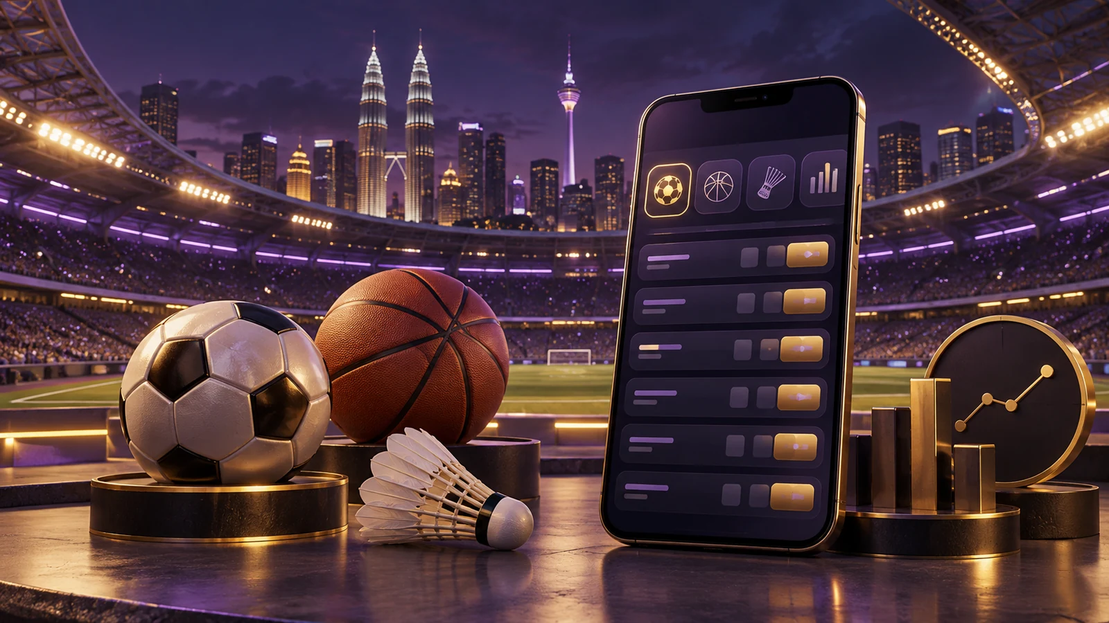 Purple and gold Boda8 sports illustration with football, basketball, badminton and a mobile market screen