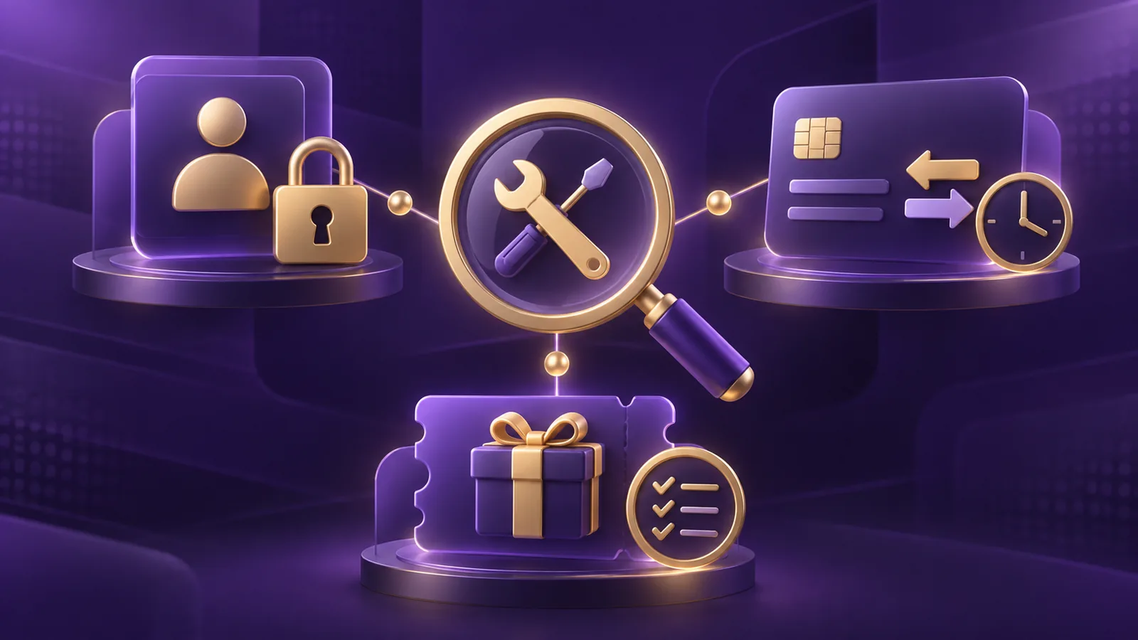 Purple and gold troubleshooting scene connecting secure account access, payment status and bonus checks