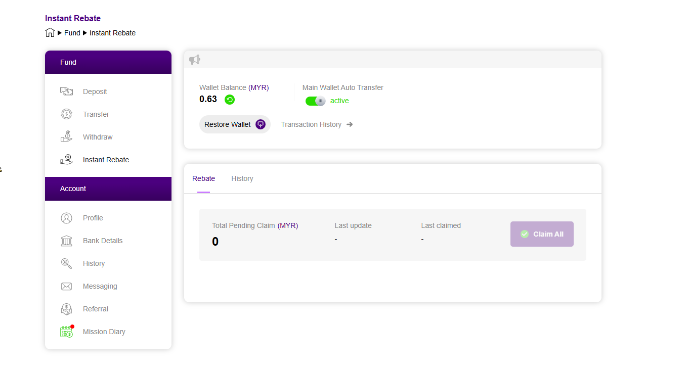 Boda8 Instant Rebate account interface